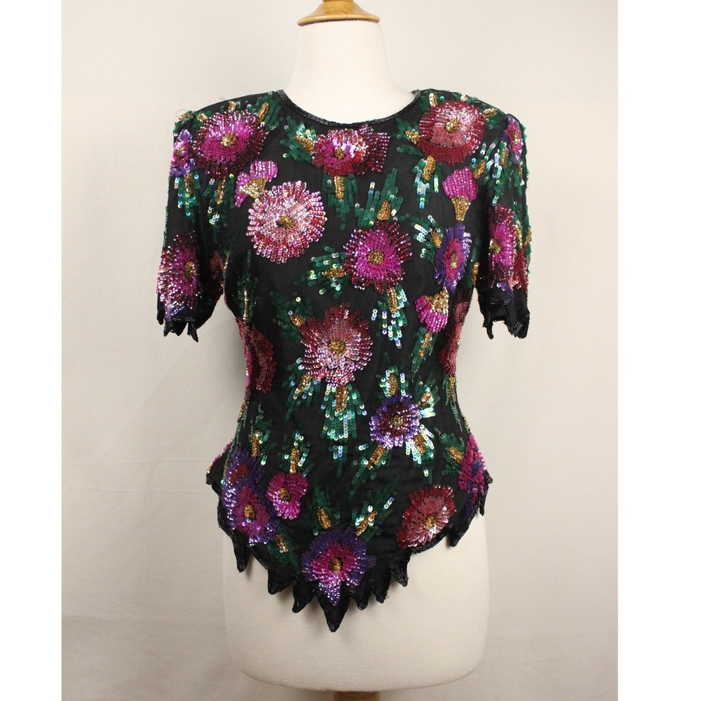Laurence Kazar NY Silk Beaded Sequin Floral Top Black Vintage S Statement